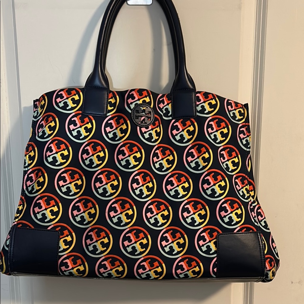 Tory Burch Black and Red Totes with Folk Art Pattern